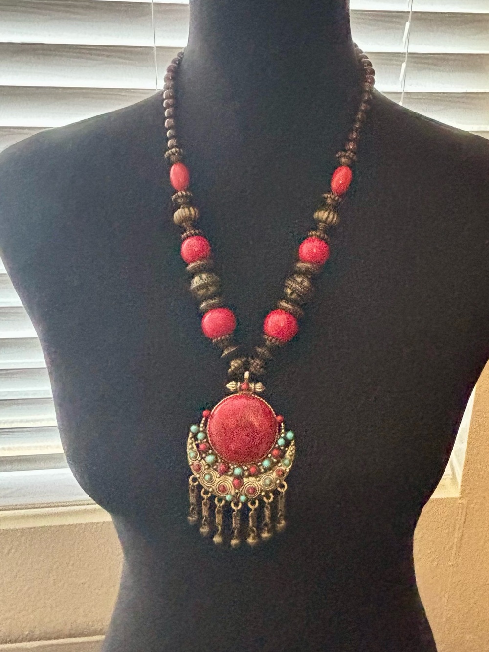 Bohemian Red Bead Statement Necklace with Antique Gold-Tone Accents